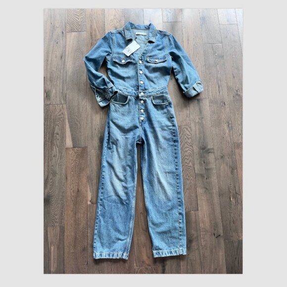 Zara Denim Utility Jumpsuit NWT Button Front Size S Blue Cotton One Piece - Picture 1 of 7